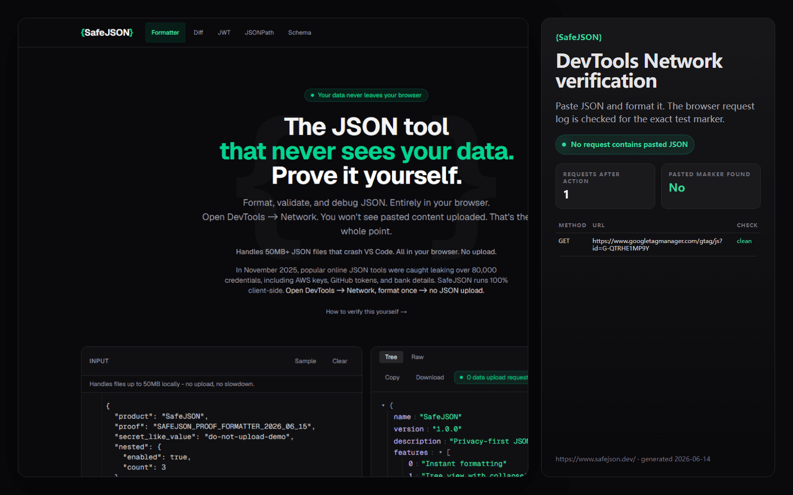 SafeJSON DevTools Network verification screenshot
