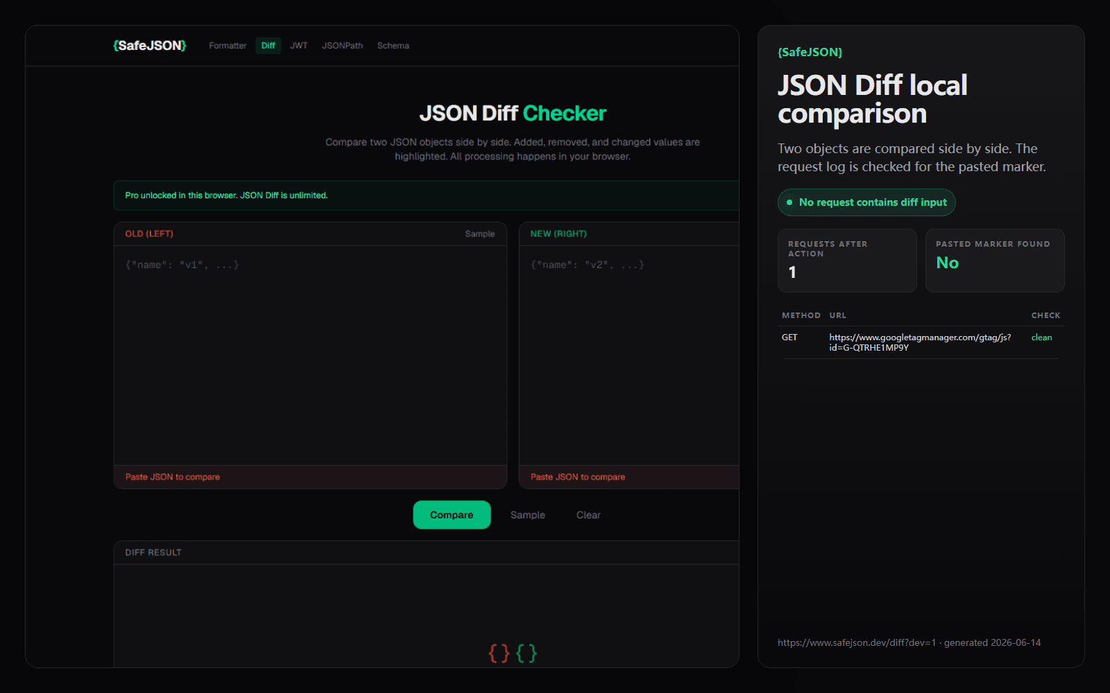 SafeJSON JSON Diff browser-local workflow screenshot